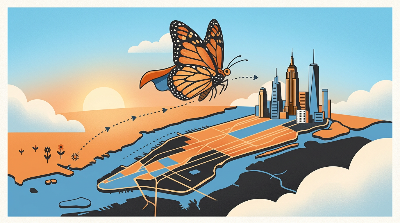 Illustration of a monarch butterfly flying dramatically in a comic book artistic style across a map.