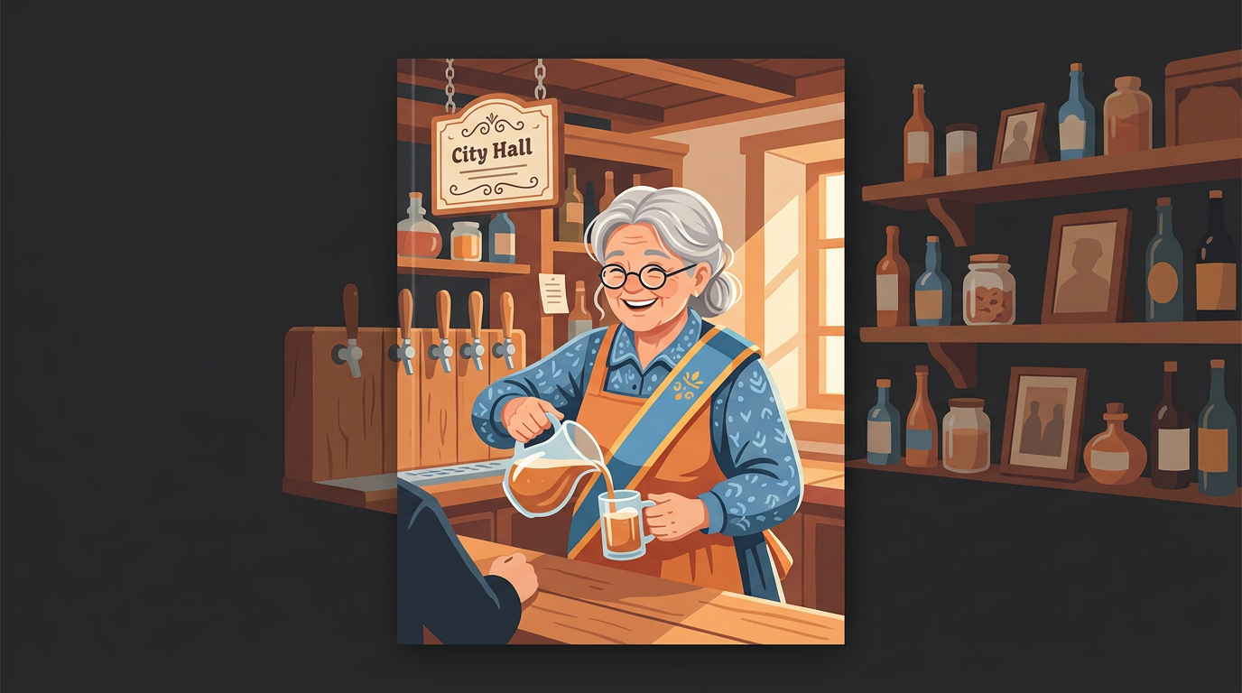 Illustration of an elderly woman wearing a mayor's sash while serving drinks behind a rustic tavern bar labeled City Hall.