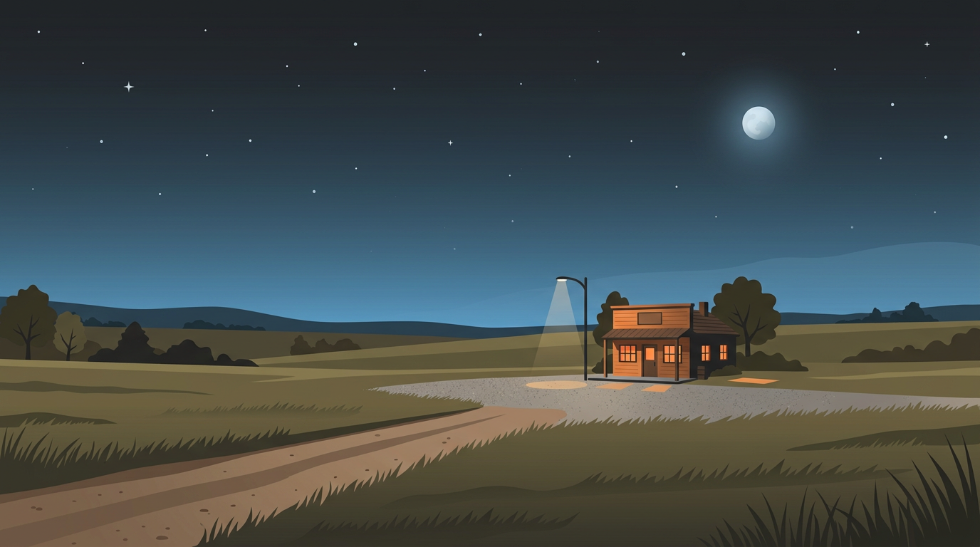A warm illustration of a tiny tavern on a quiet prairie road under a starry night sky.
