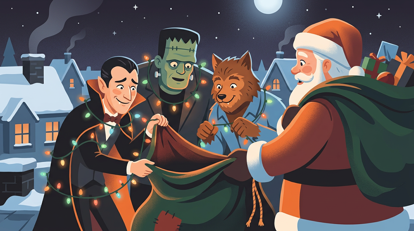 Retro cartoon illustration of classic horror monsters wearing festive Santa hats on a snowy roof with Santa's sleigh.