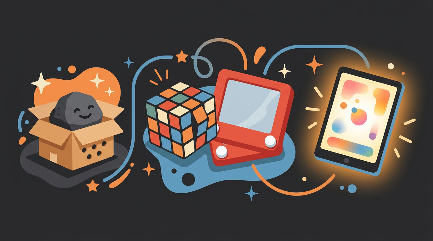 A colorful illustration depicting nostalgic toys through the decades including a Pet Rock, a Rubik's Cube, and a modern digital tablet.