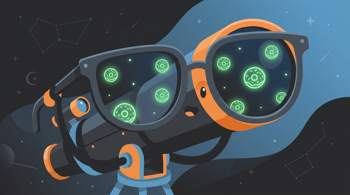 Digital illustration of a futuristic space telescope wearing reading glasses and looking at glowing green donut-shaped stars in space.