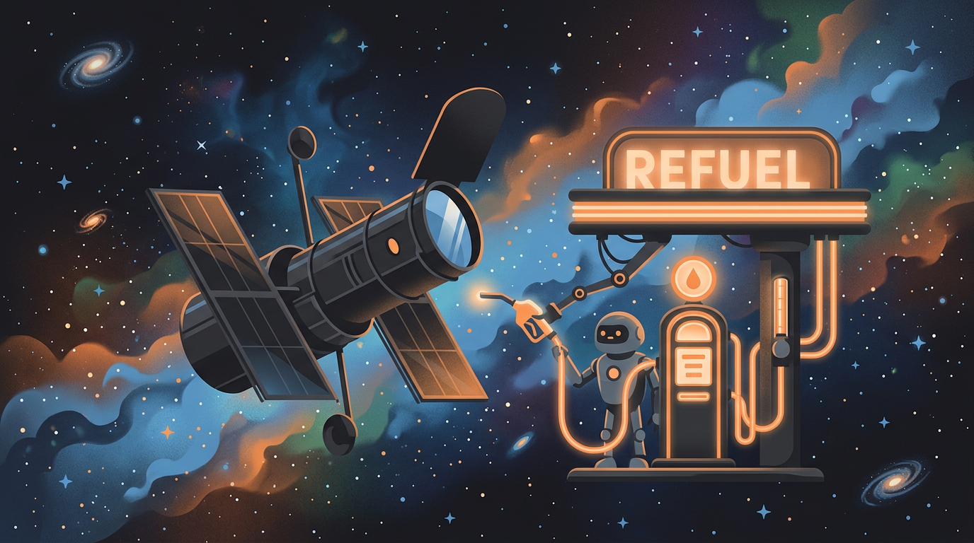 A whimsical illustration of a space telescope docked at a glowing cosmic refueling station in deep space.