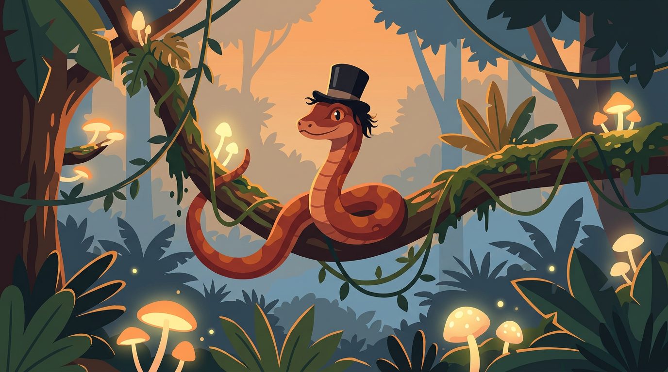 Illustration of a reddish-brown snake wearing a top hat perched on a tropical tree branch in a dark forest.