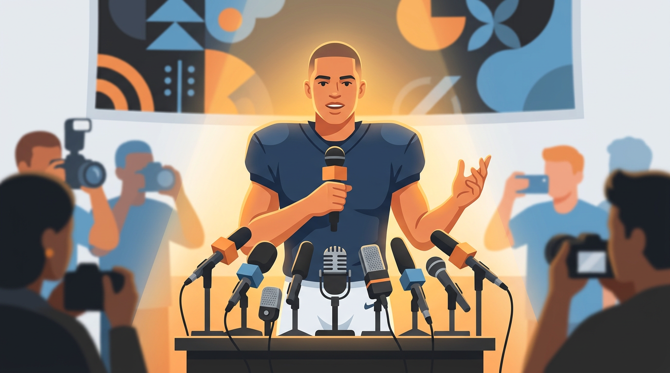 Digital illustration of an NFL player standing confidently at a press conference microphone with an encouraging expression.