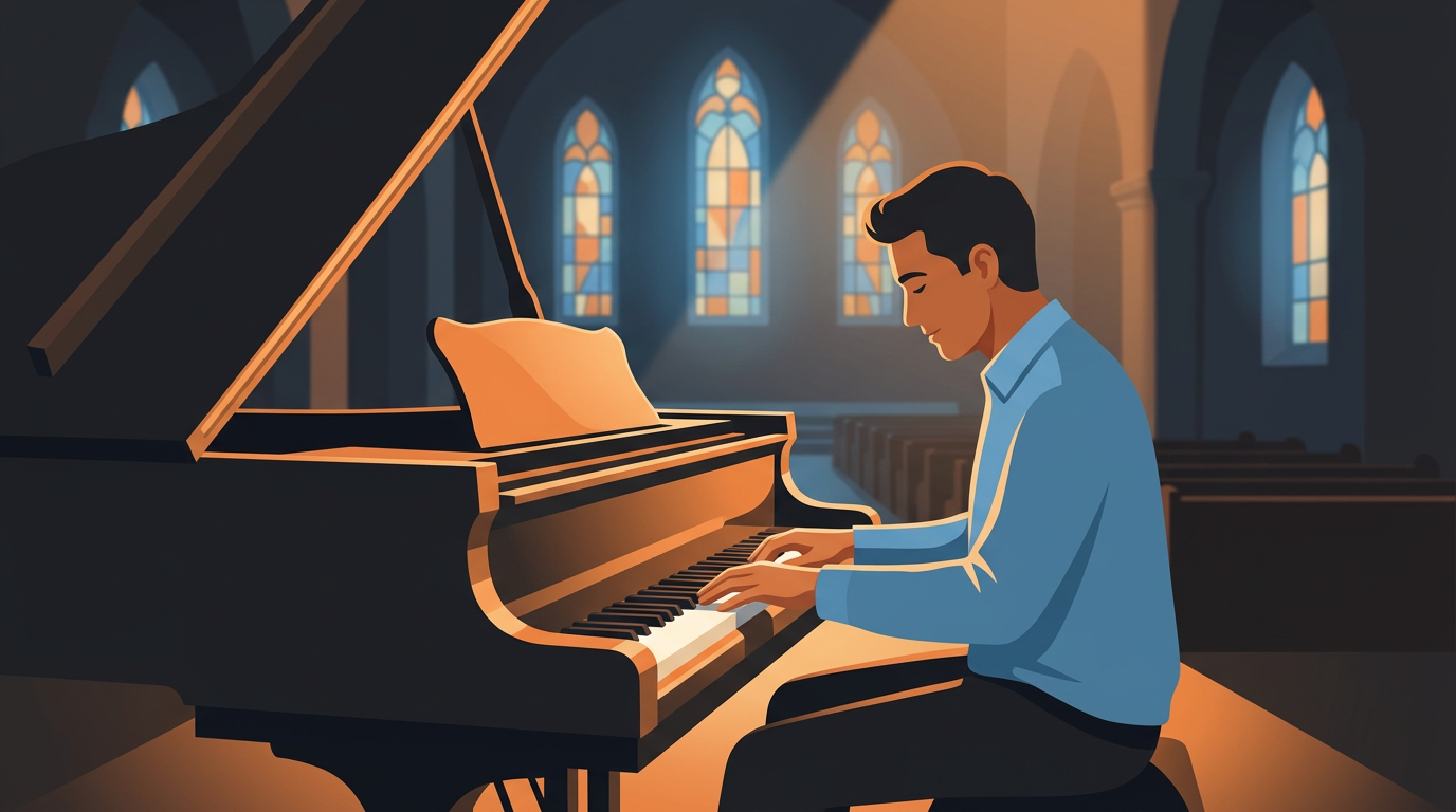 Digital painting of a man playing a piano inside a dimly lit church sanctuary at night.