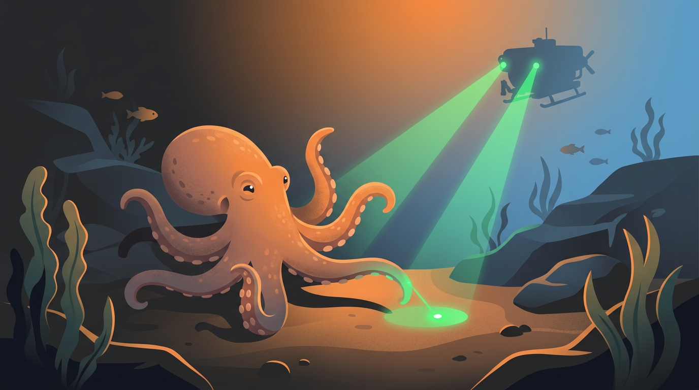 A colorful illustration of an inquisitive octopus on the seabed attempting to catch a bright green laser dot emitted by a deep-sea sub.
