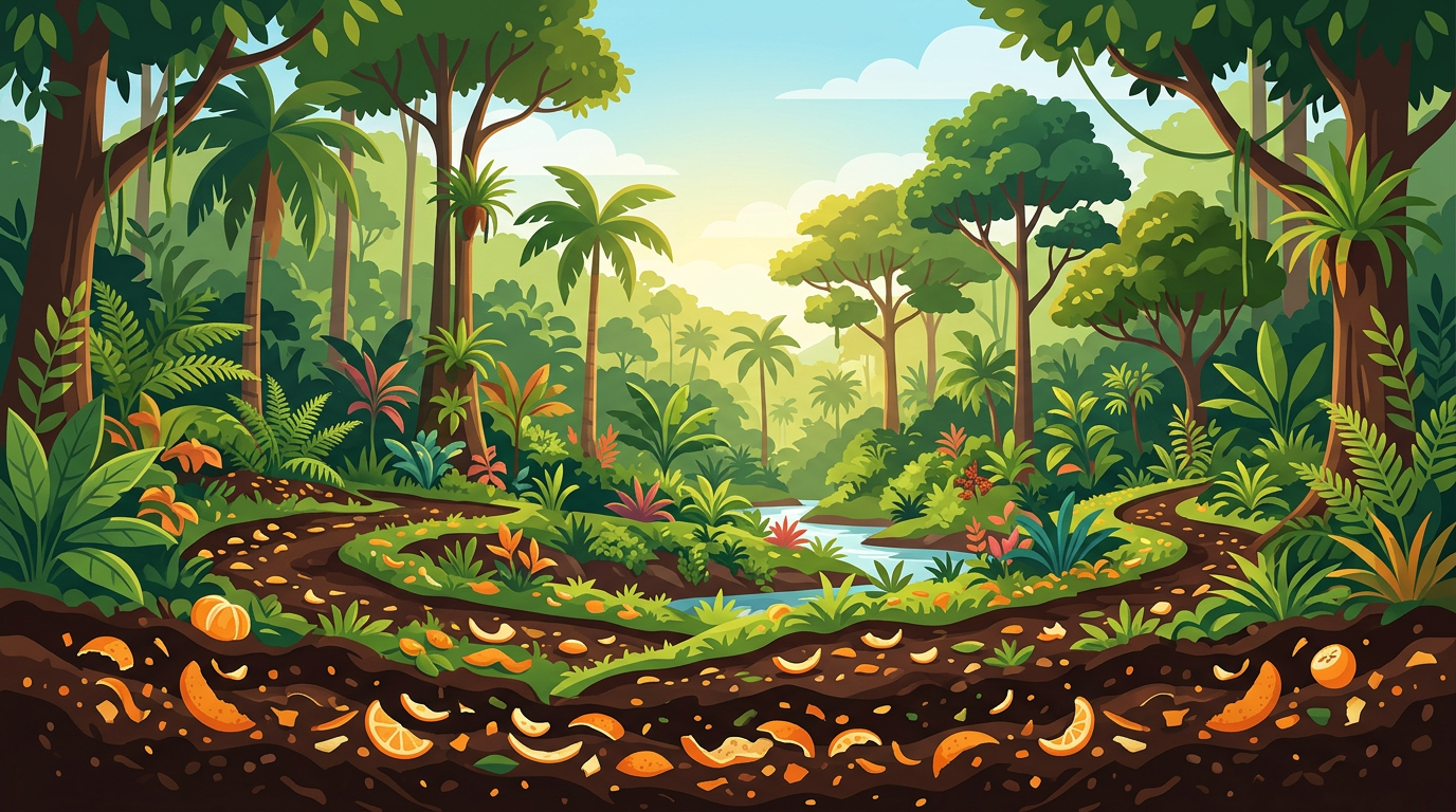 A colorful digital illustration depicting a thriving green tropical forest growing rich from dark soil mixed with orange peel compost.
