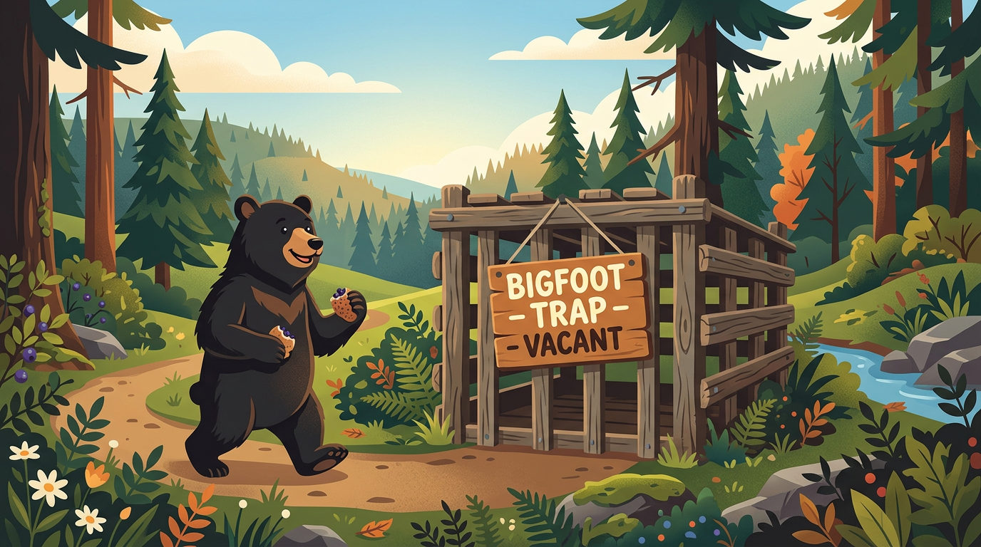 Illustration of an empty wooden Bigfoot trap cage in a dense forest with a bear walking past.