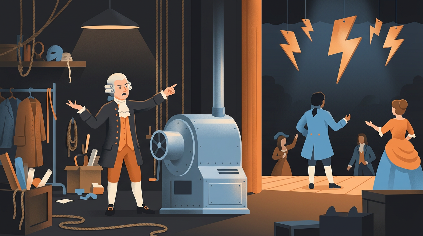 An 18th-century playwright in a powdered wig watching angrily from backstage as his sheet metal thunder machine is used during a play performance.