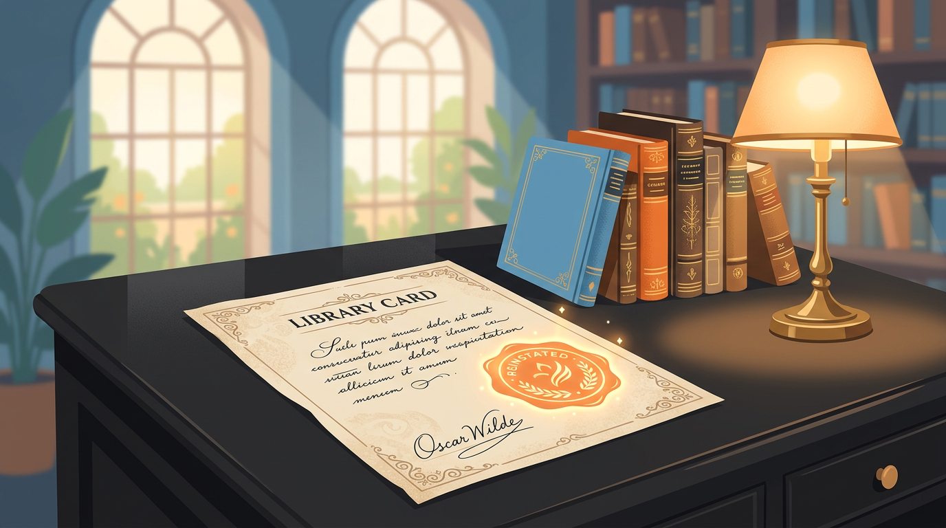 A vintage Victorian library card for Oscar Wilde stamped with a gold reinstatement seal on a mahogany library desk.