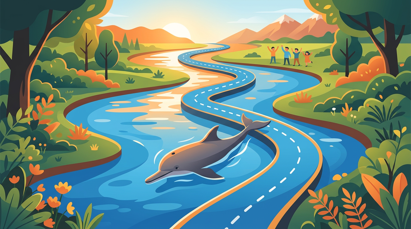 A digital illustration of a freshwater river dolphin swimming through a scenic, protected river stretch in bright daylight.