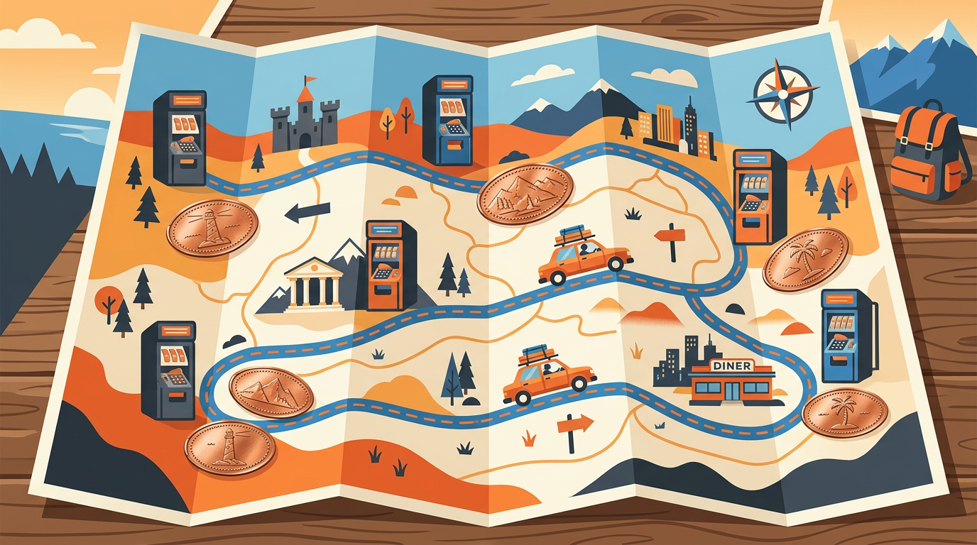 Vector illustration of a road trip map featuring penny press machine icons and crushed copper souvenir coins.