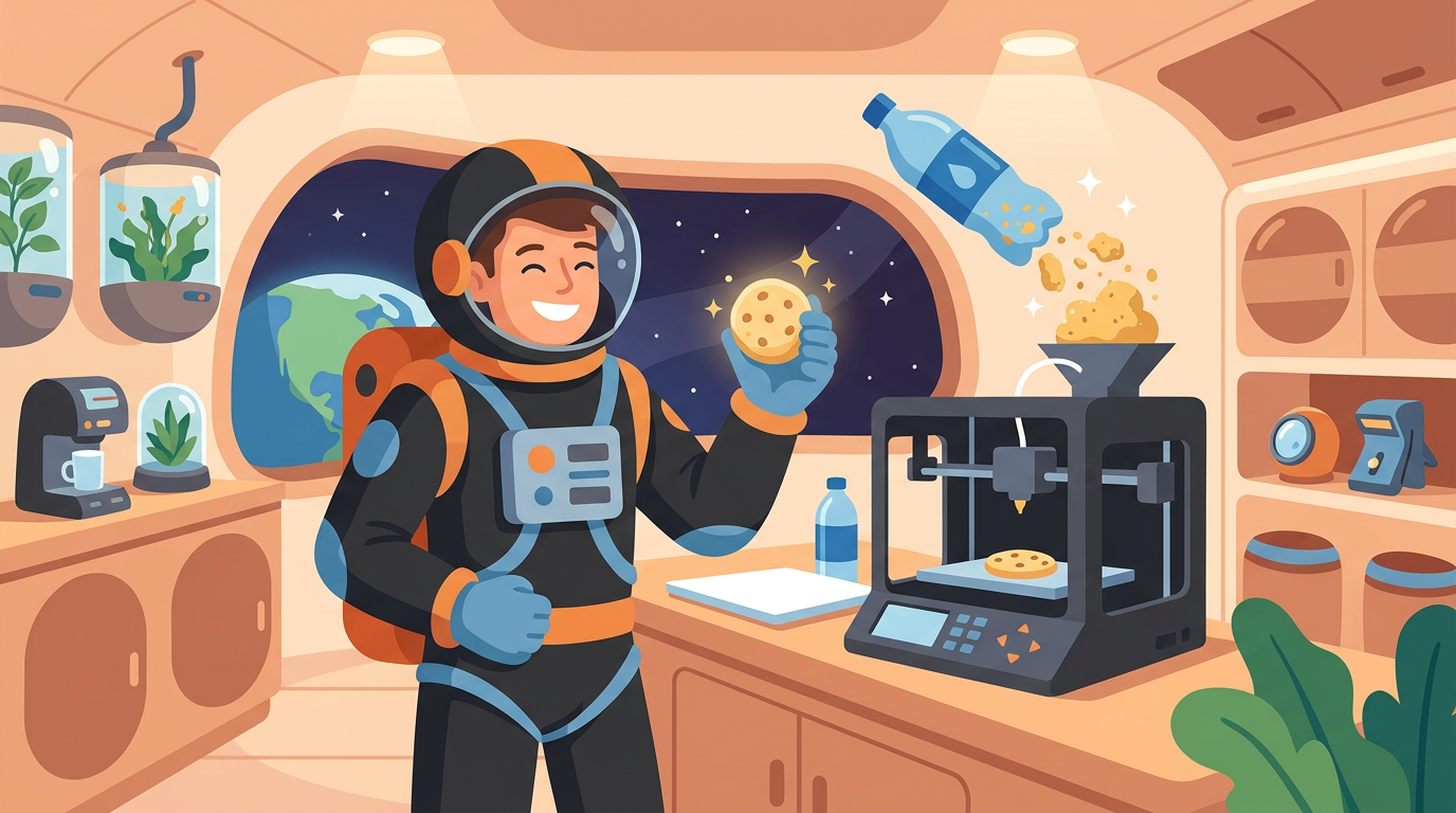 Digital illustration of an astronaut holding a glowing 3D-printed cookie next to a plastic bottle undergoing a futuristic food conversion process.