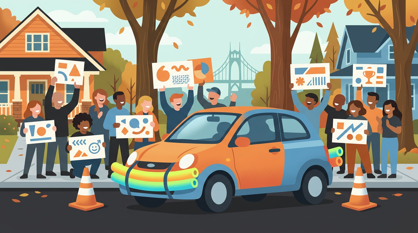 A vibrant illustration of a car with bright pool noodles attached to its bumpers participating in a street parallel parking contest in front of a cheering crowd.