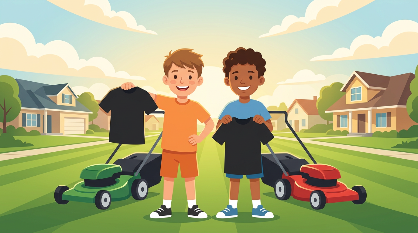 Illustration of two proud pre-teen boys standing in a sunny neighborhood next to new lawn care gear and holding black shirts.