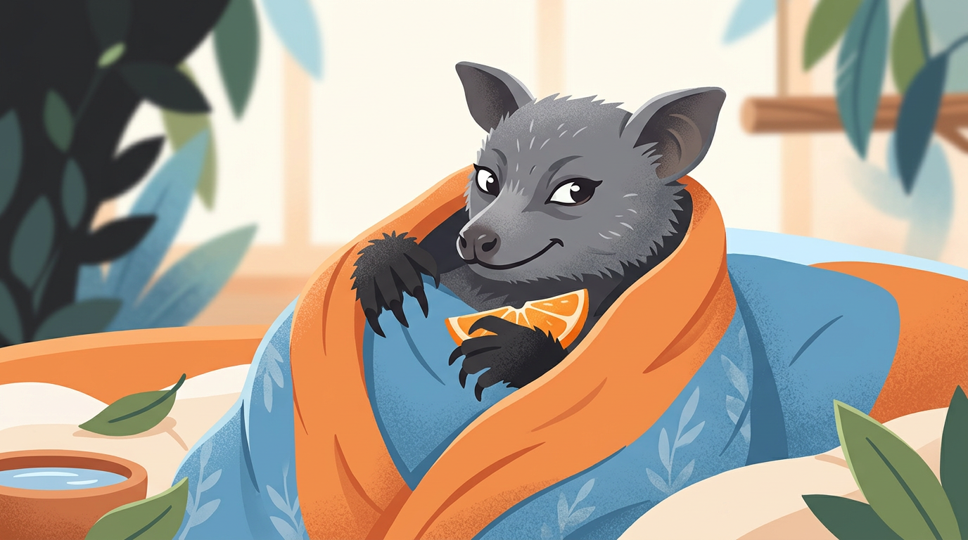 Illustration of a grey-headed flying fox wrapped in a cozy blanket eating fruit with a funny side-eye expression.