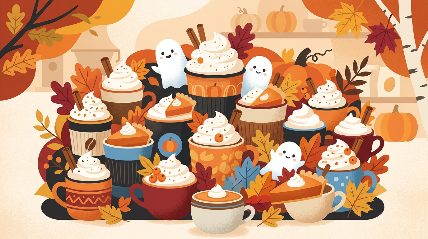 A colorful autumn cartoon illustration filled with pumpkin spice lattes, pie slices, and cute hidden ghosts.