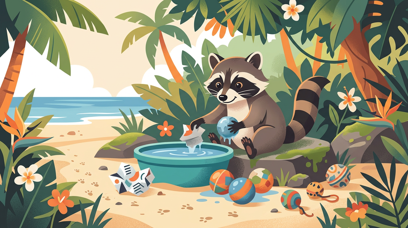 Illustration of a small pygmy raccoon soaking paper in water to make a round toy ball.