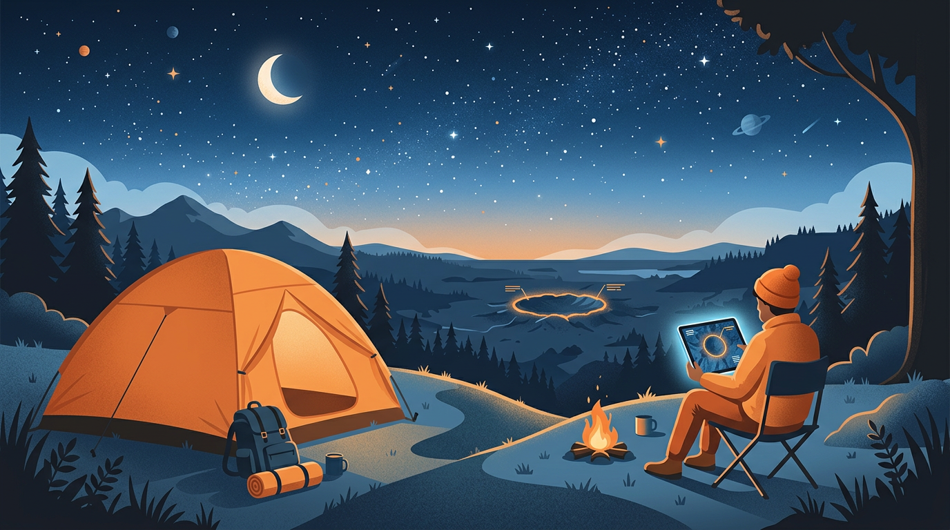 Illustration of a camper looking at a digital tablet showing a highlighted circular meteor crater in the middle of a forest.