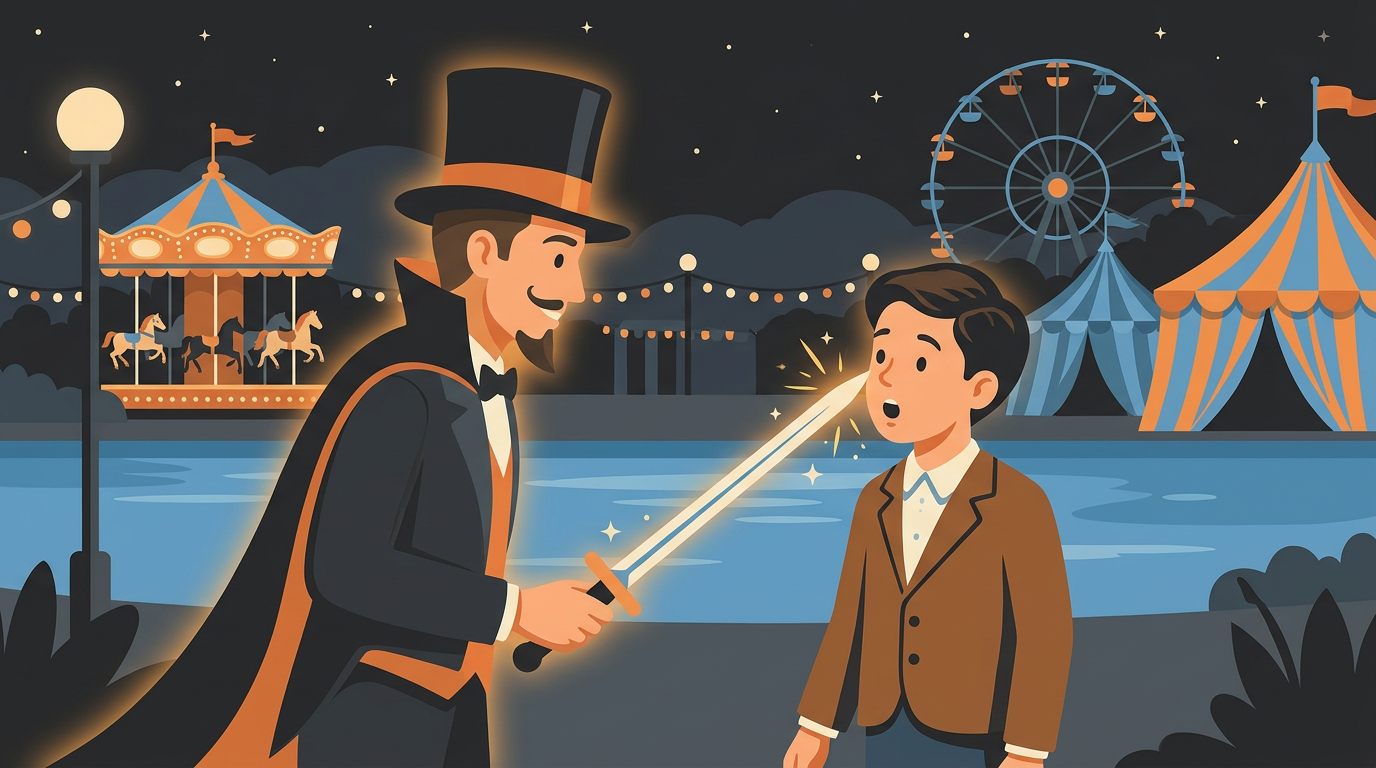 A vintage-style illustration of a carnival magician pointing a glowing, electric sword at a surprised young boy at a 1930s lakeside carnival.