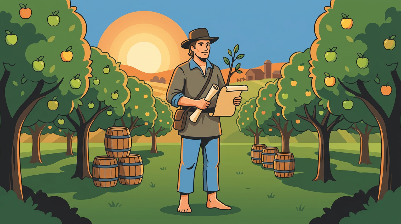 A colorful illustration of John Chapman holding a land deed in a lush apple orchard next to wooden barrels of cider.