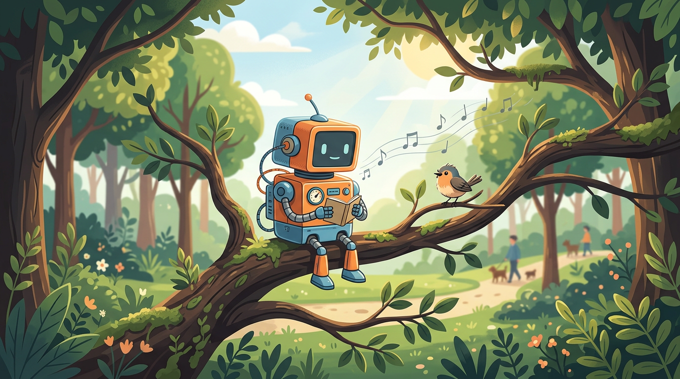 A friendly small retro robot sitting on a tree branch outdoors alongside a small curious bird.
