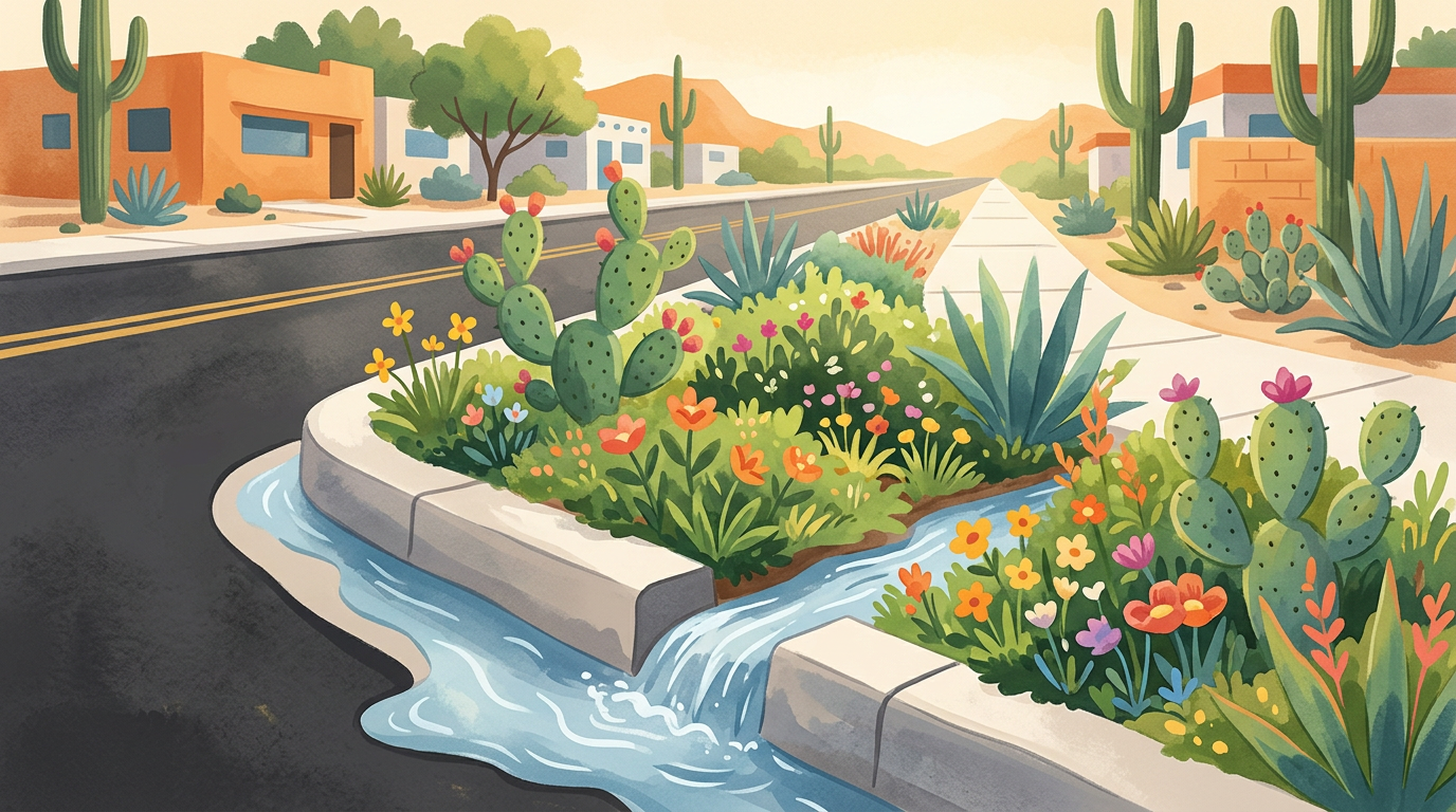 An illustration of rainwater flowing through a cut concrete curb into a vibrant desert garden full of flowers and cacti.
