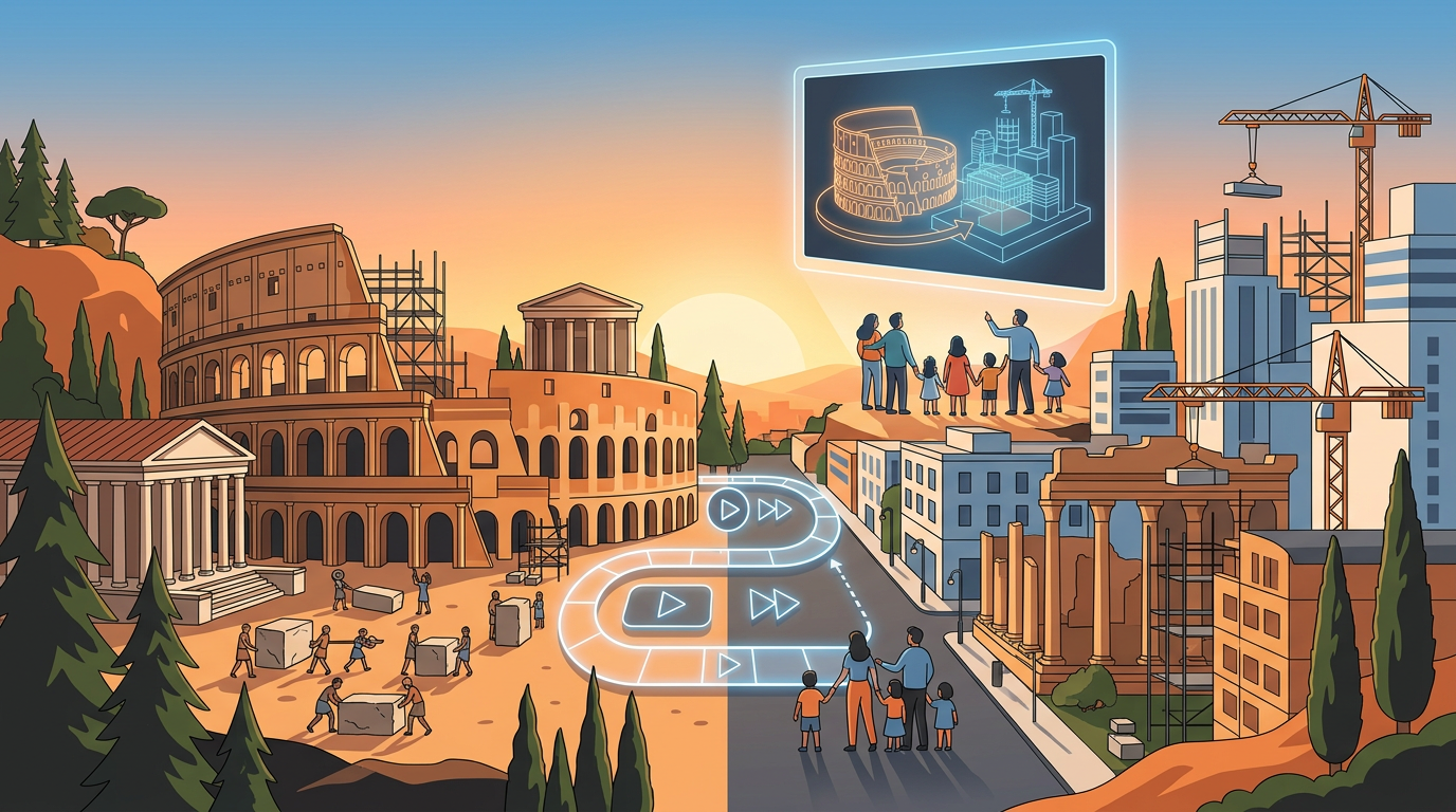 An artistic illustration showing ancient Roman architecture blending into a modern city landscape with scaffolding and cranes under a warm sky.