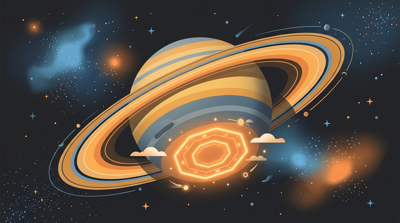 Digital illustration of the planet Saturn showing a geometric 10-sided decagon wave pattern highlighted at its southern pole.
