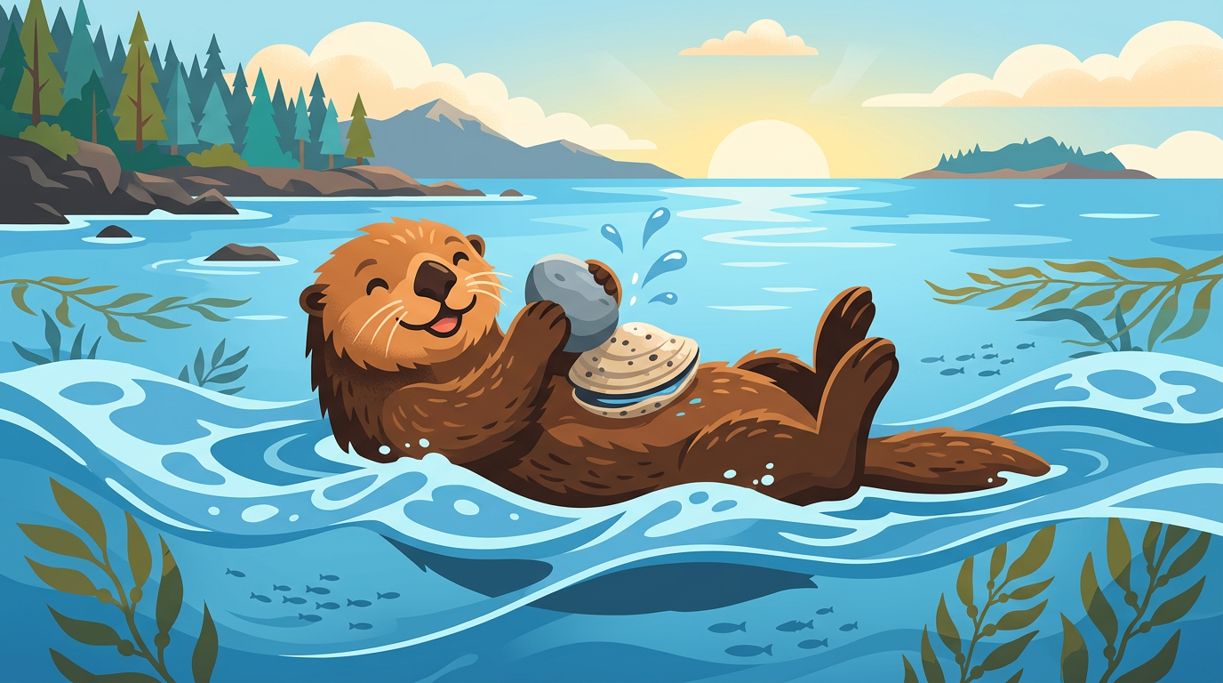 A cute sea otter floating on its back in the water, cracking open a shell on its belly using a small stone.