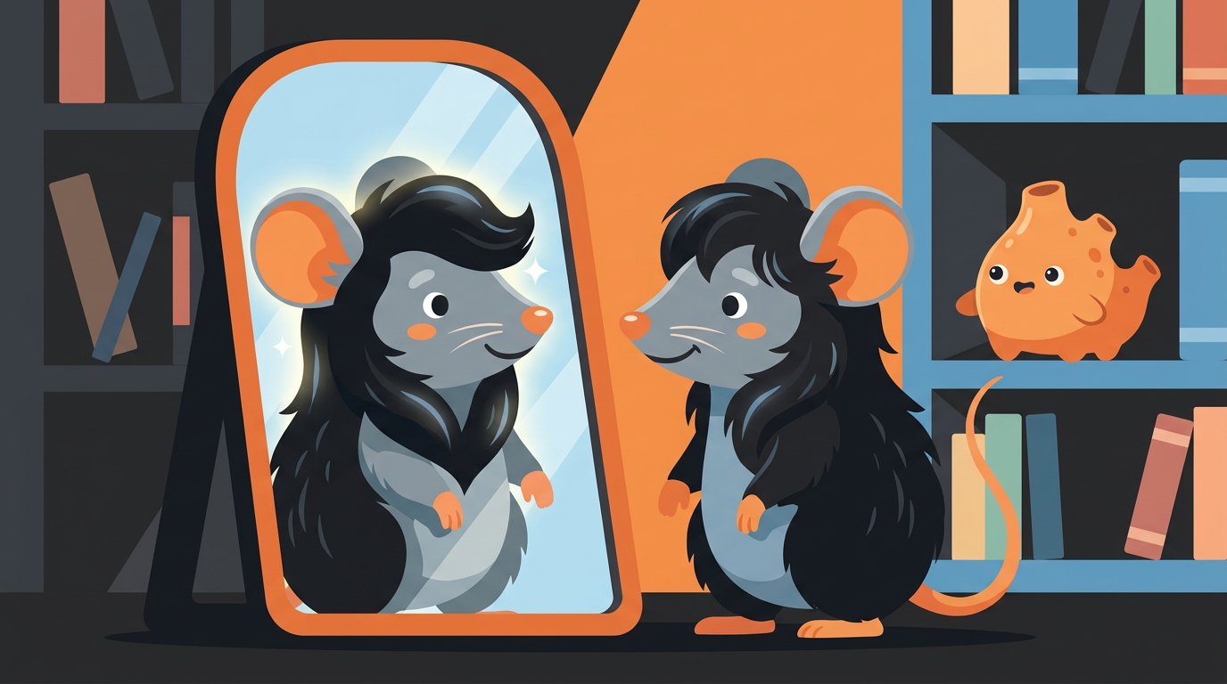 Illustration of a happy elderly mouse admiring its lustrous black fur coat in a mirror next to a cute marine sea squirt.