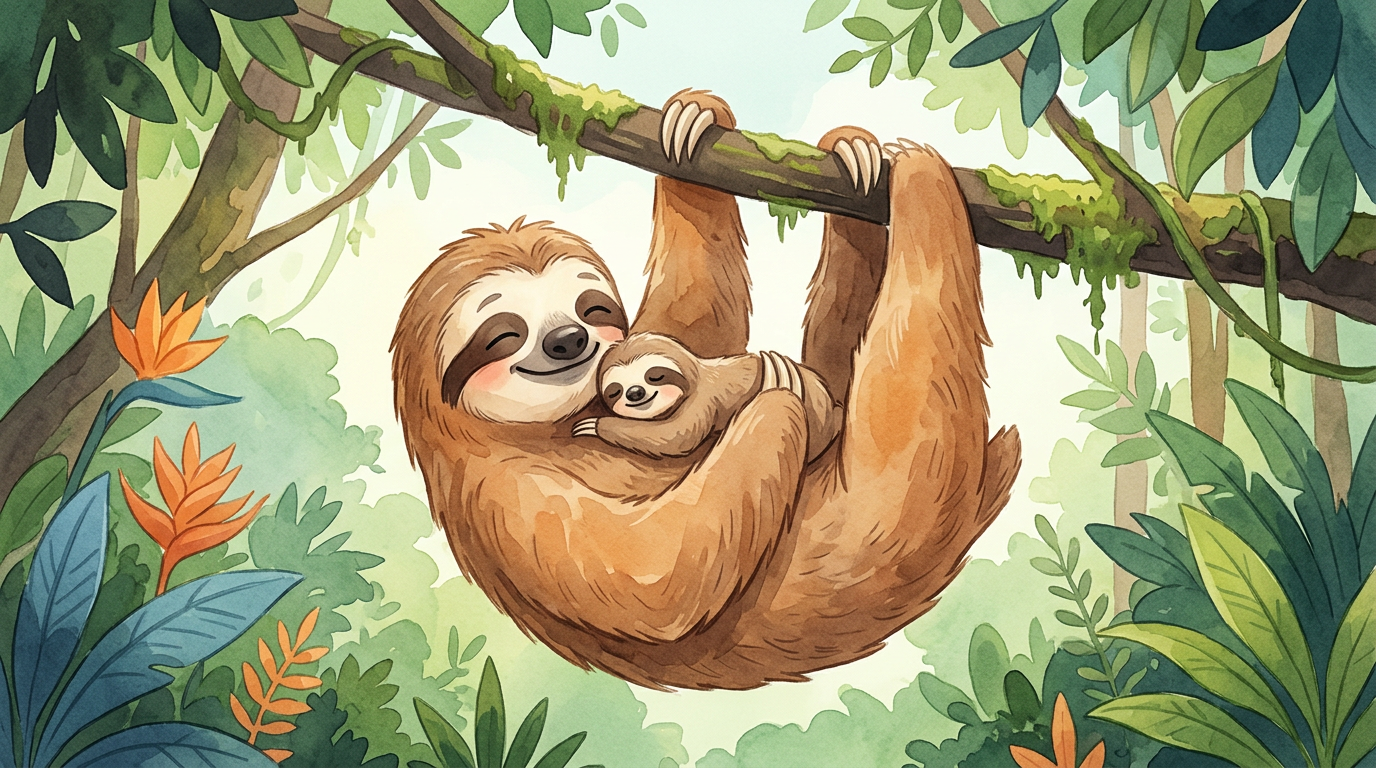 Illustration of a senior two-toed sloth softly touching noses with a tiny newborn baby sloth resting safely on its mother in leafy tree branches.