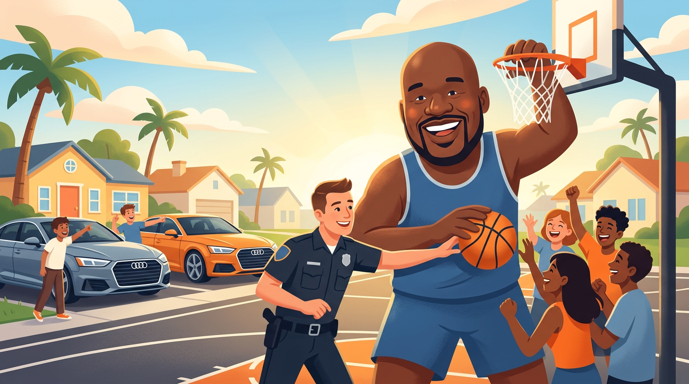 Illustration of Shaquille O'Neal and a police officer playing street basketball with teenagers in a neighborhood setting.