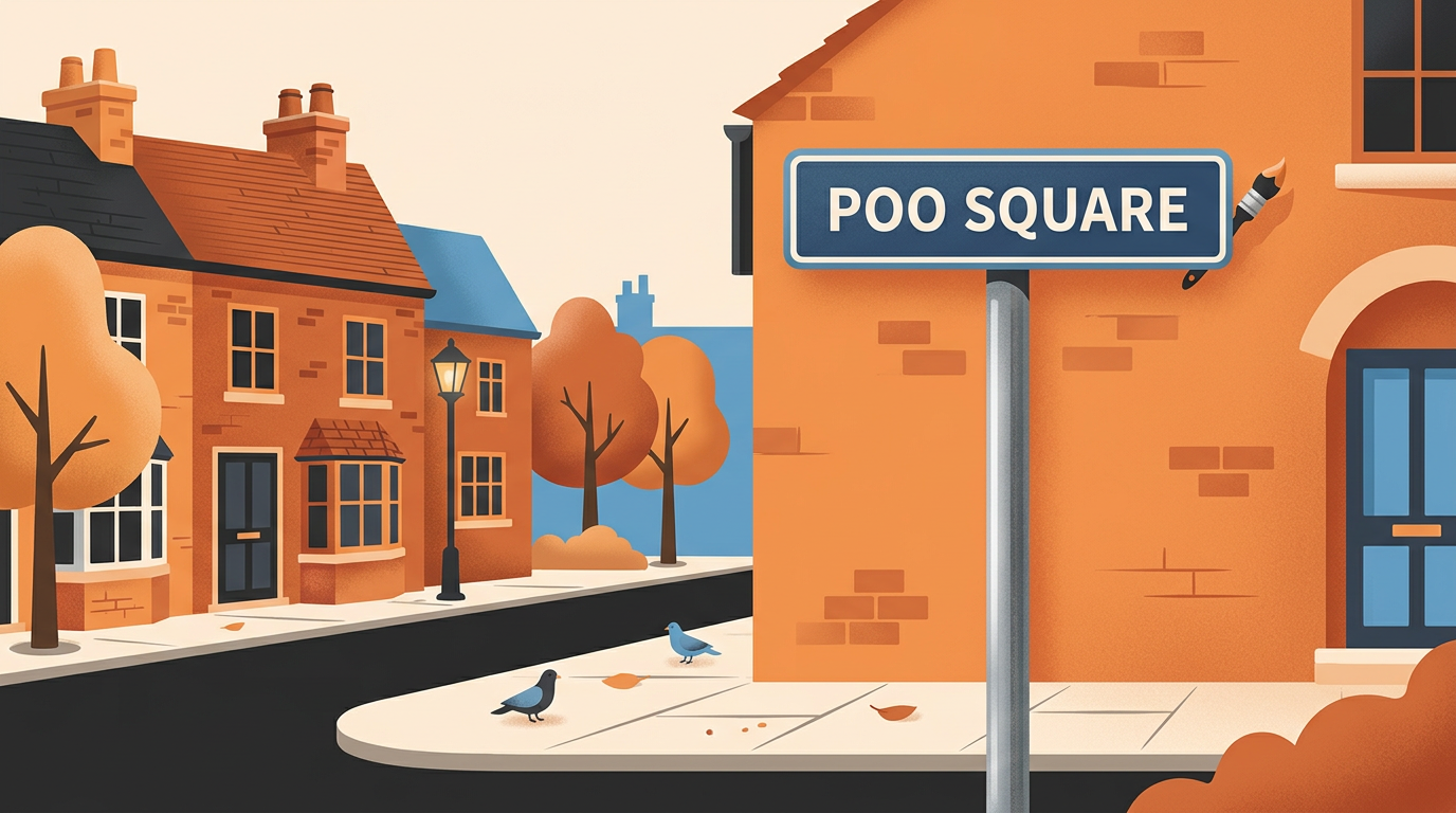Illustration of a British street sign altered to read Poo Square with a painter hiding nearby.