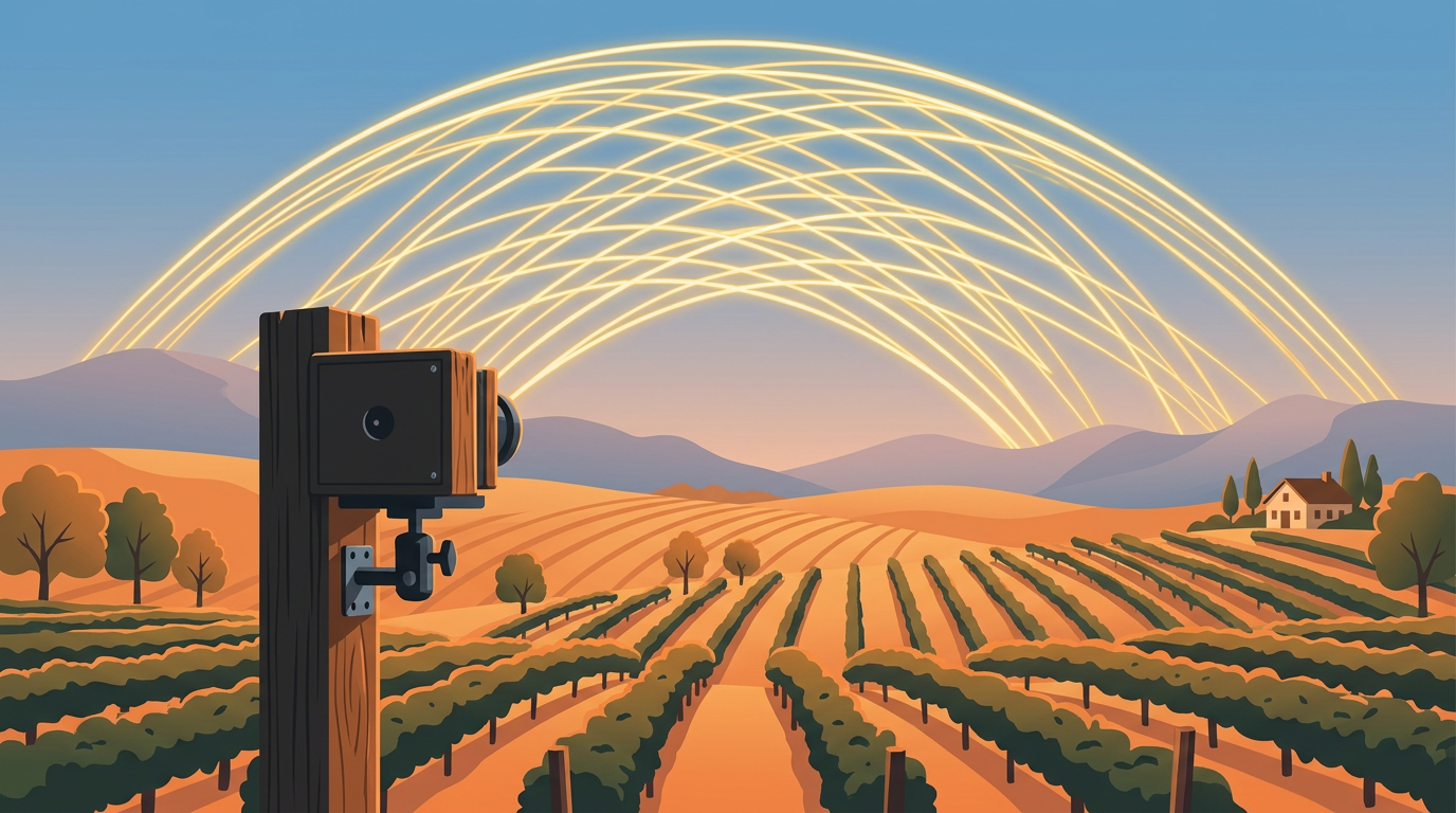 Illustration of a simple pinhole camera capturing bright streaks of sunlight moving across a scenic vineyard sky over six months.