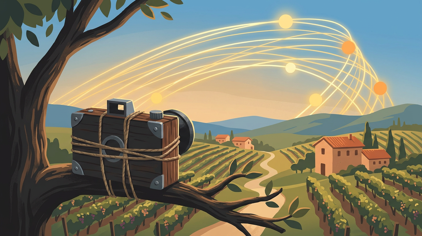 Illustration of a homemade pinhole camera tied to a tree branch overlooking a vineyard with bright glowing arcs sweeping across the sky.