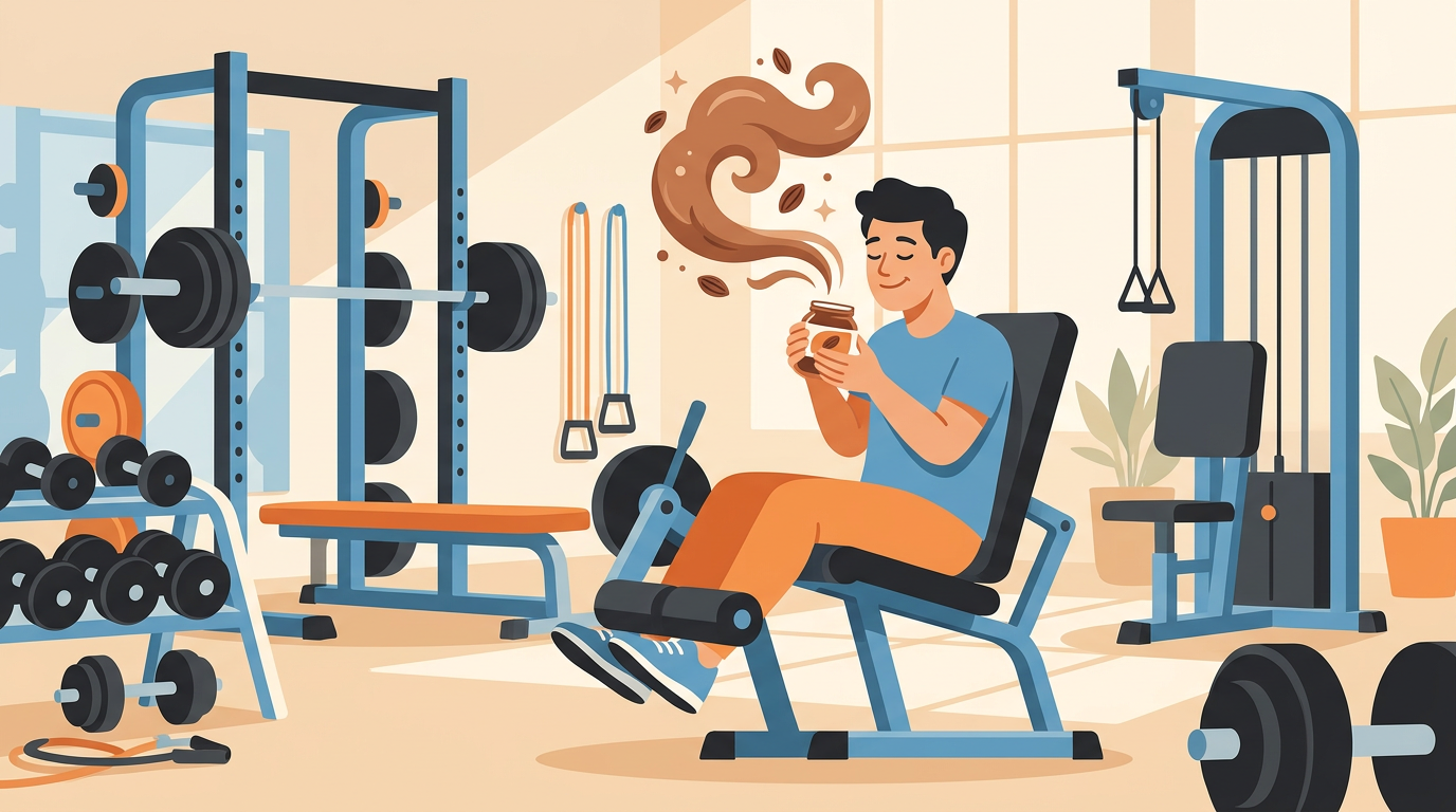 Illustration of a person on a gym leg extension machine inhaling the warm aroma of dark chocolate from a small jar.