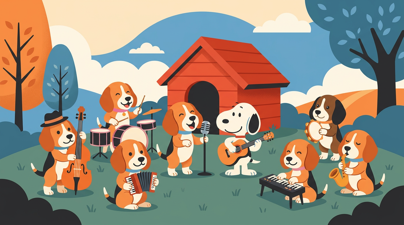 Illustration of eight cartoon beagle puppies playing music together near a red doghouse.