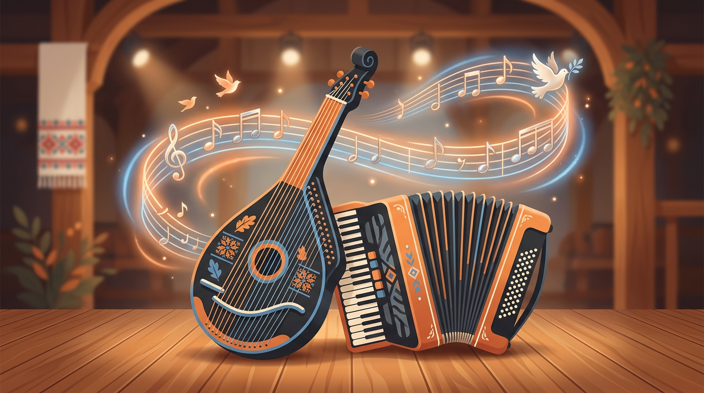 An artistic illustration of a traditional Ukrainian bandura lute and a button accordion sitting together on a lit stage.
