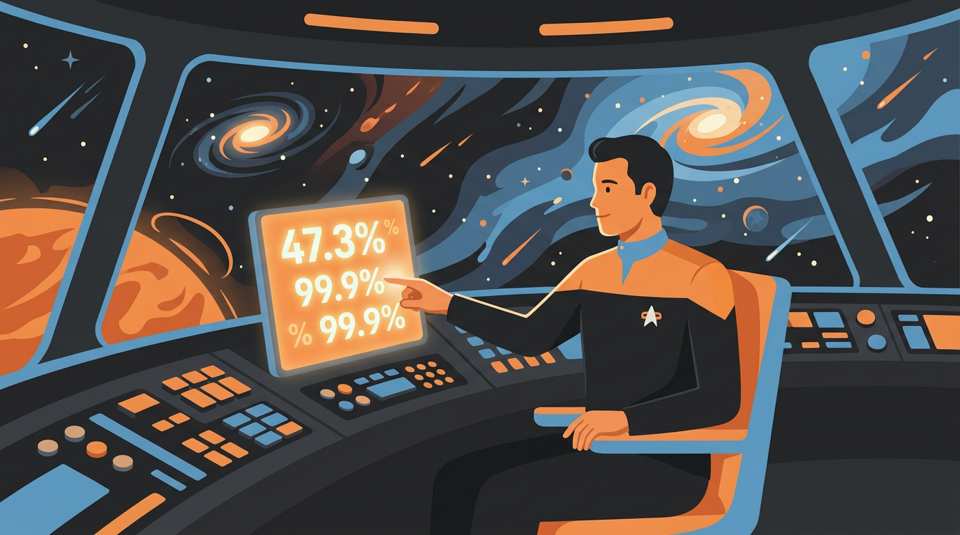 Illustration of a Star Trek bridge crew member calmly operating a control panel surrounded by glowing statistical percentage numbers.