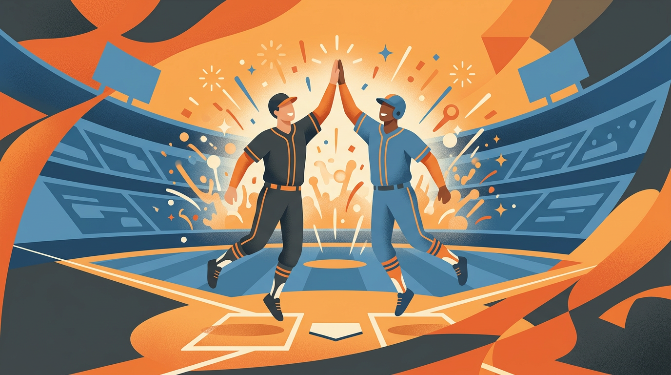 A retro graphic illustration depicting two vintage baseball players high-fiving on a bright, sunny baseball field.