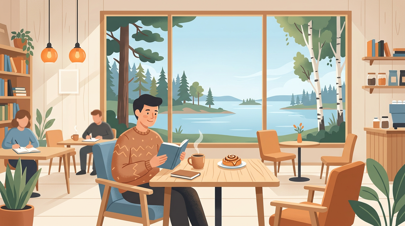 A peaceful illustration of a solo traveler enjoying coffee and a pastry by a window in Sweden.
