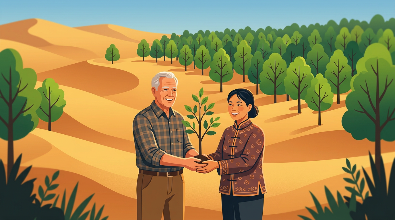Illustration of an American man and Chinese woman standing together in a lush forest surrounded by desert sands, holding a new tree sapling.