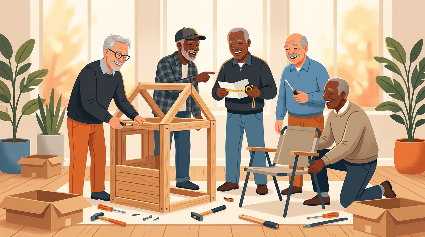 A warm illustration of five smiling senior men in Texas assembling wooden furniture and toys together with tools.