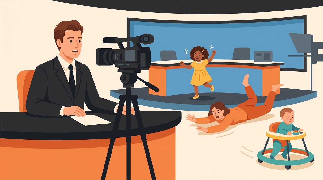 A humorous illustration of a man giving a video broadcast while two young kids and a sliding woman disrupt his home office.