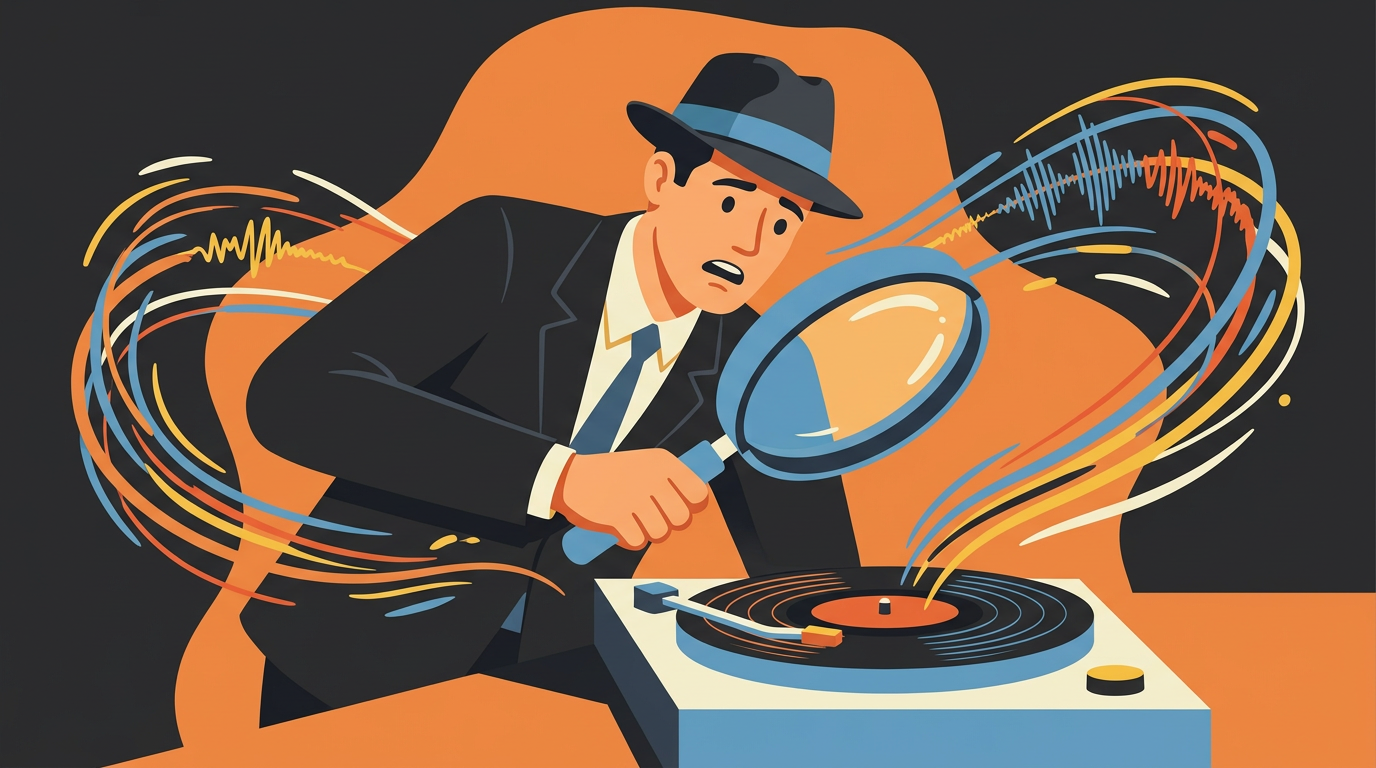 A retro illustration of an FBI agent with a magnifying glass examining a spinning vinyl record in confusion.