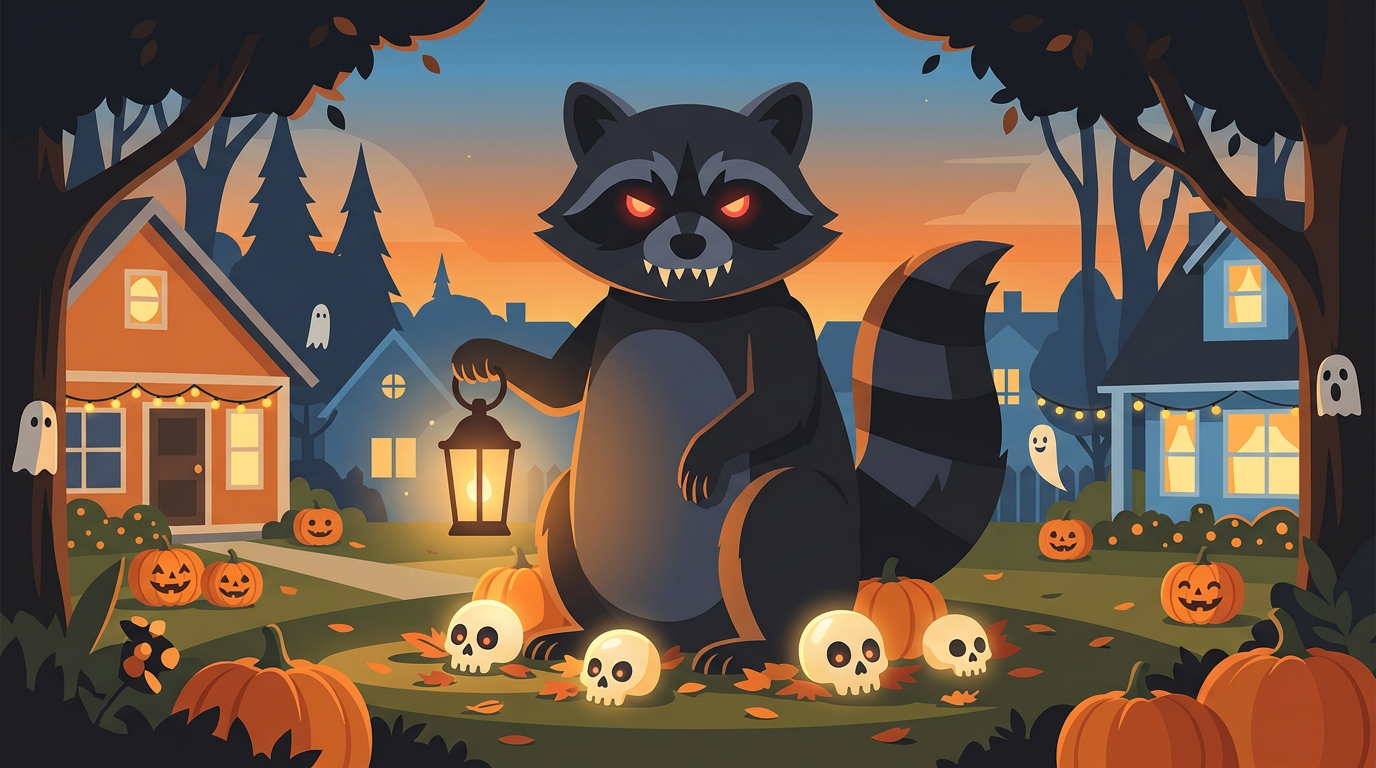 Illustration of a giant evil raccoon sculpture with glowing red eyes and lanterns in a suburban yard for Halloween.