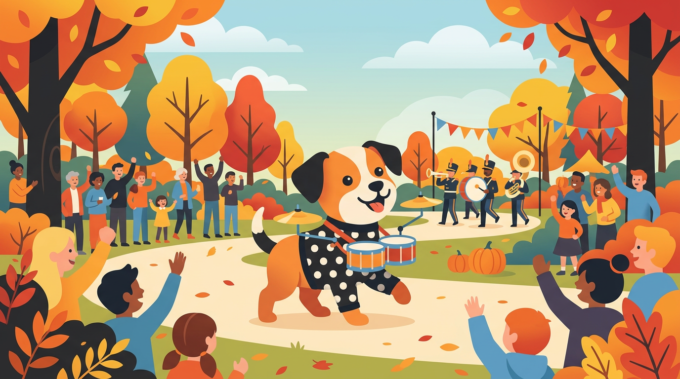A small cute dog wearing a polka dot outfit with a miniature drum kit in front of it at an outdoor Halloween dog parade.