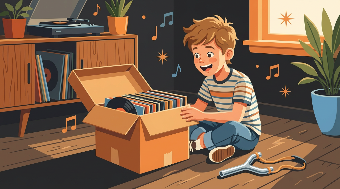Illustration of a young boy looking at a box of vinyl records with a slingshot resting beside it in warm vintage tones.